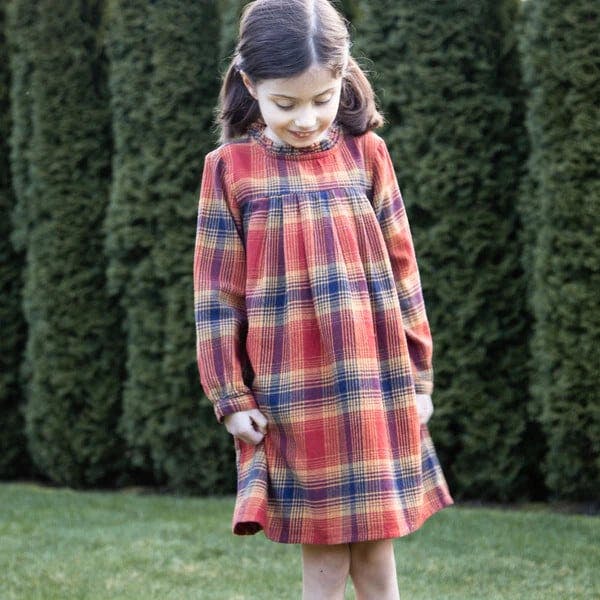 Girls' Long Sleeve Ruffle Neck Plaid Dress