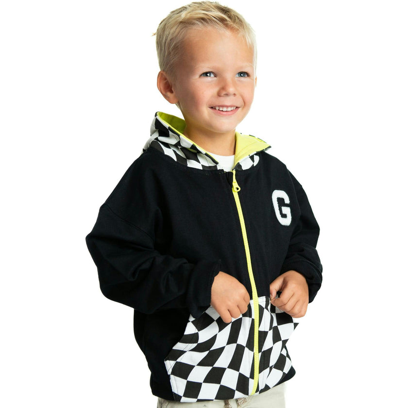 Checker Zip Hoodie Sweatshirt, Black