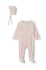 Print Bow Detail Snap Front Romper and Hat Two Piece Set
