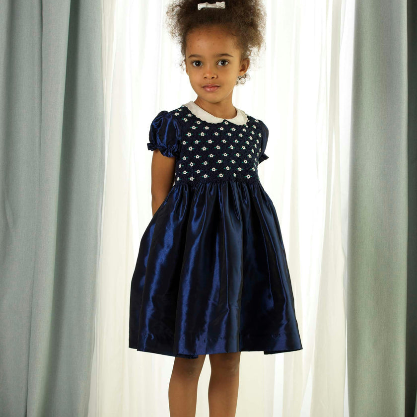 Taffeta 2-Tone Puff Sleeve Elastic Cuff Smocked Dress