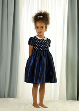 Taffeta 2-Tone Puff Sleeve Elastic Cuff Smocked Dress