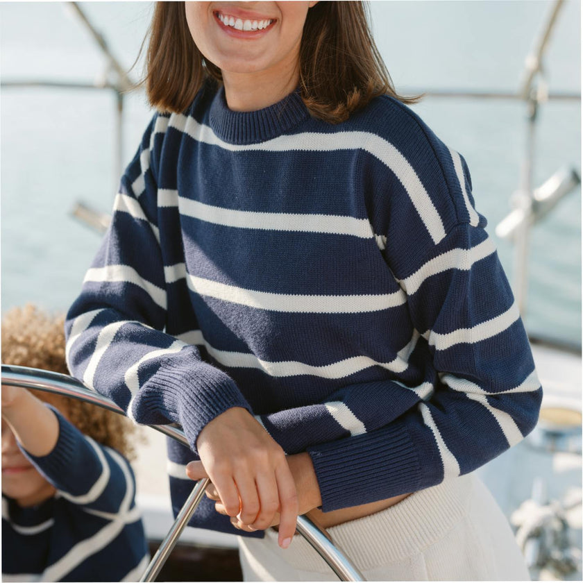 Women's Navy And Cream Wide Stripe Knit Sweater