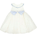 Cordelia White Linen Dress with Blue Tulle Embroidery