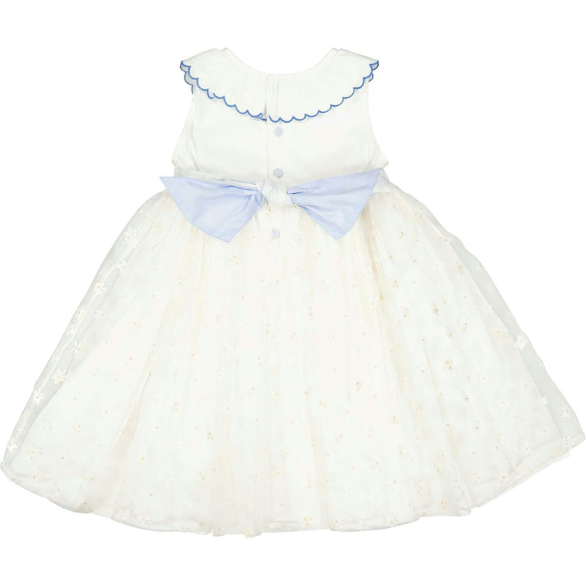 Cordelia White Linen Dress with Blue Tulle Embroidery