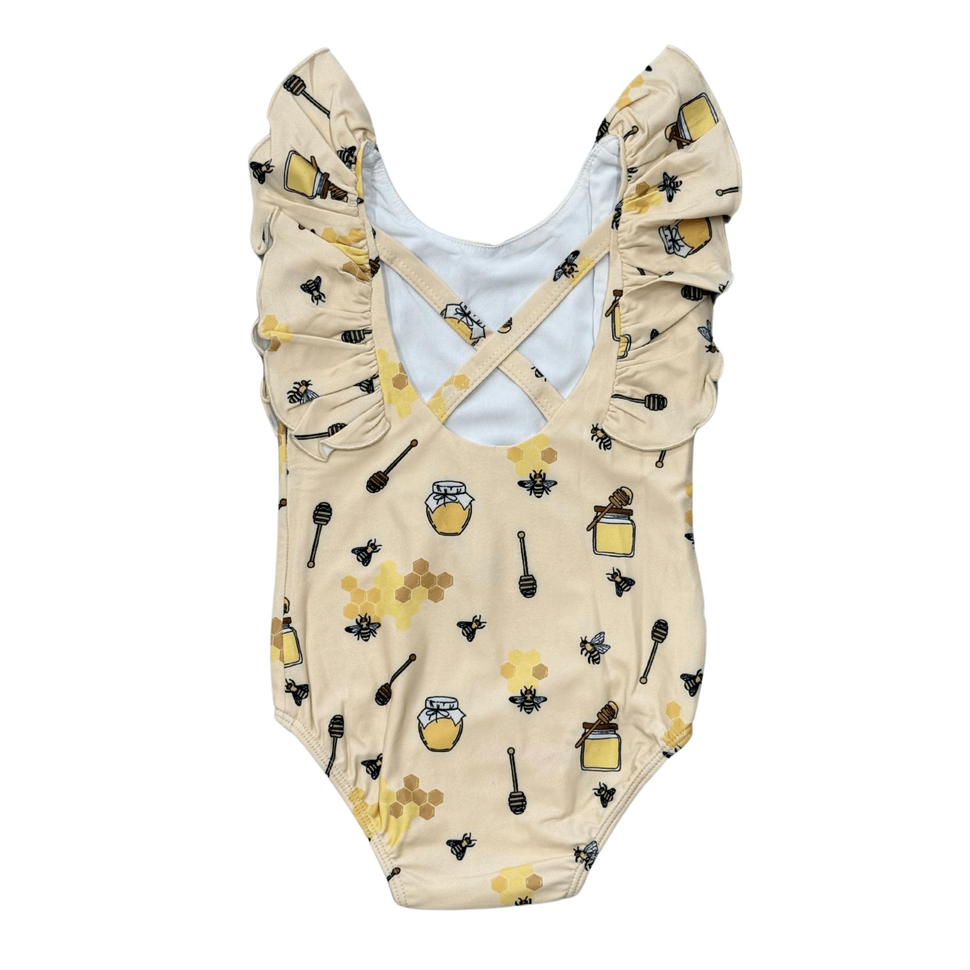 Baby Girl Ruffle Sleeve Cross Back Swimsuit in Honey Bees