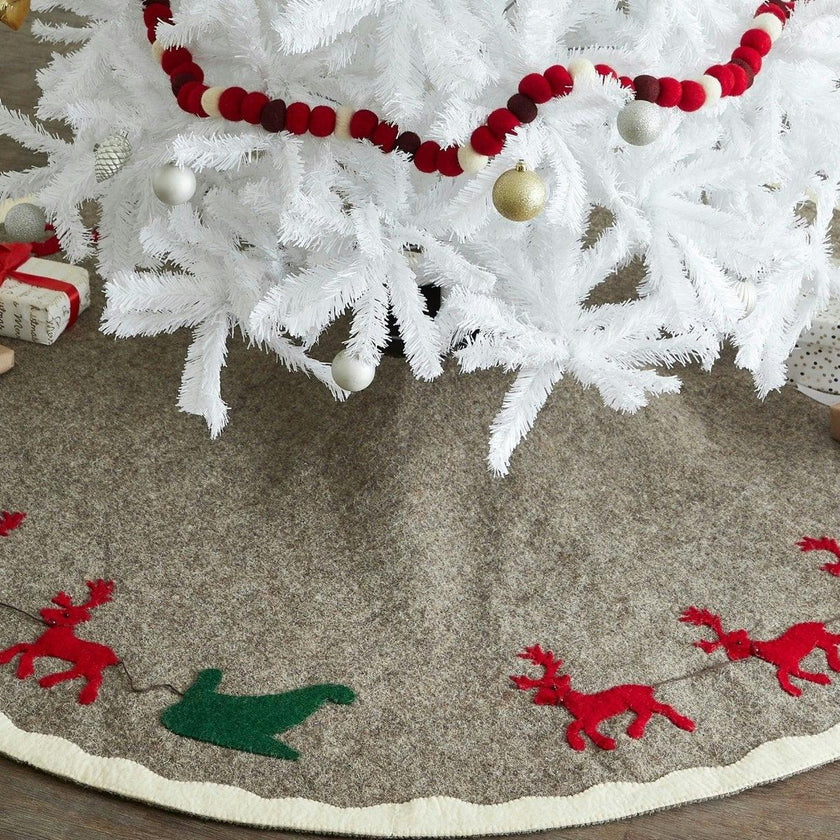 Hand Felted Wool Reindeer and Sleigh Christmas Tree Skirt Arcadia Home