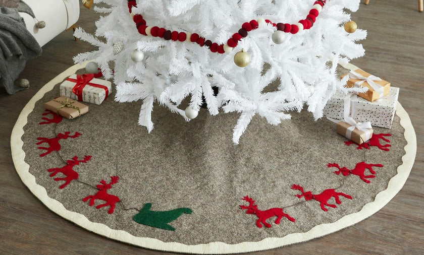 Hand Felted Wool Reindeer and Sleigh Christmas Tree Skirt