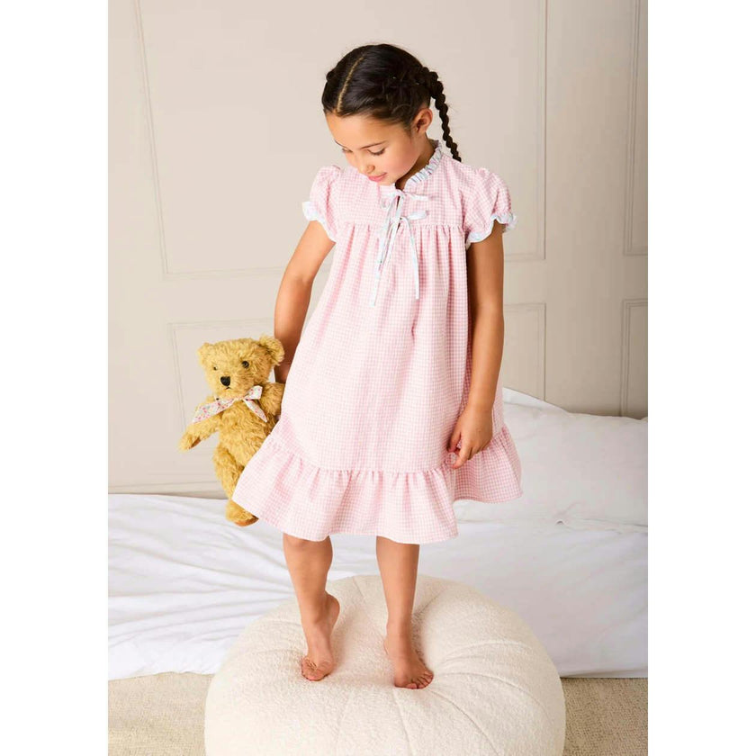 Beauchamp Gingham Ruffle Hem Floral Trim Night Dress in Pink (18mths- 10yrs)