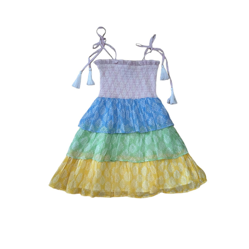 Smock Bodice Tiered Dress Block Print