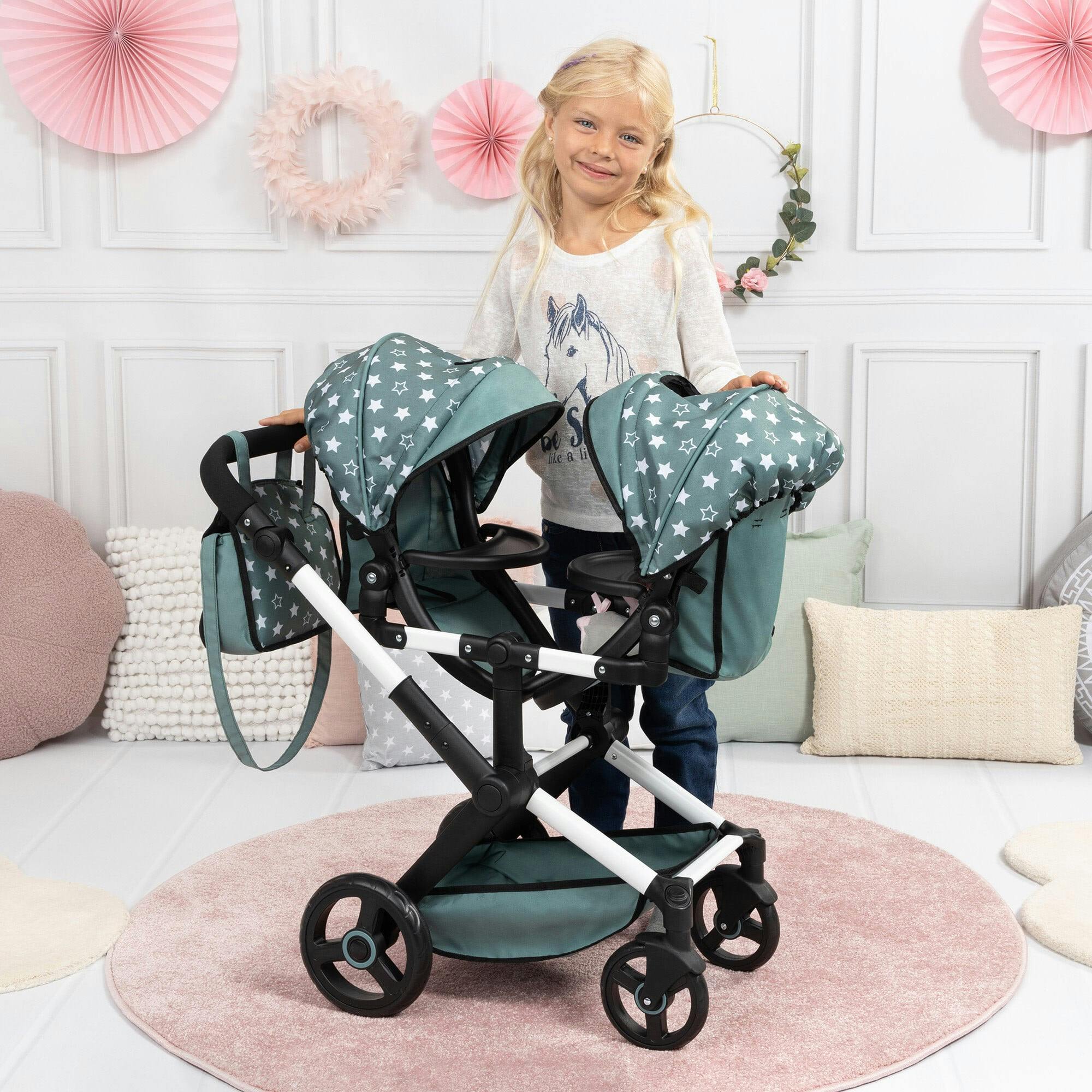 Bayer Design Dolls: Pram Xeo Twin - Green & White Stars