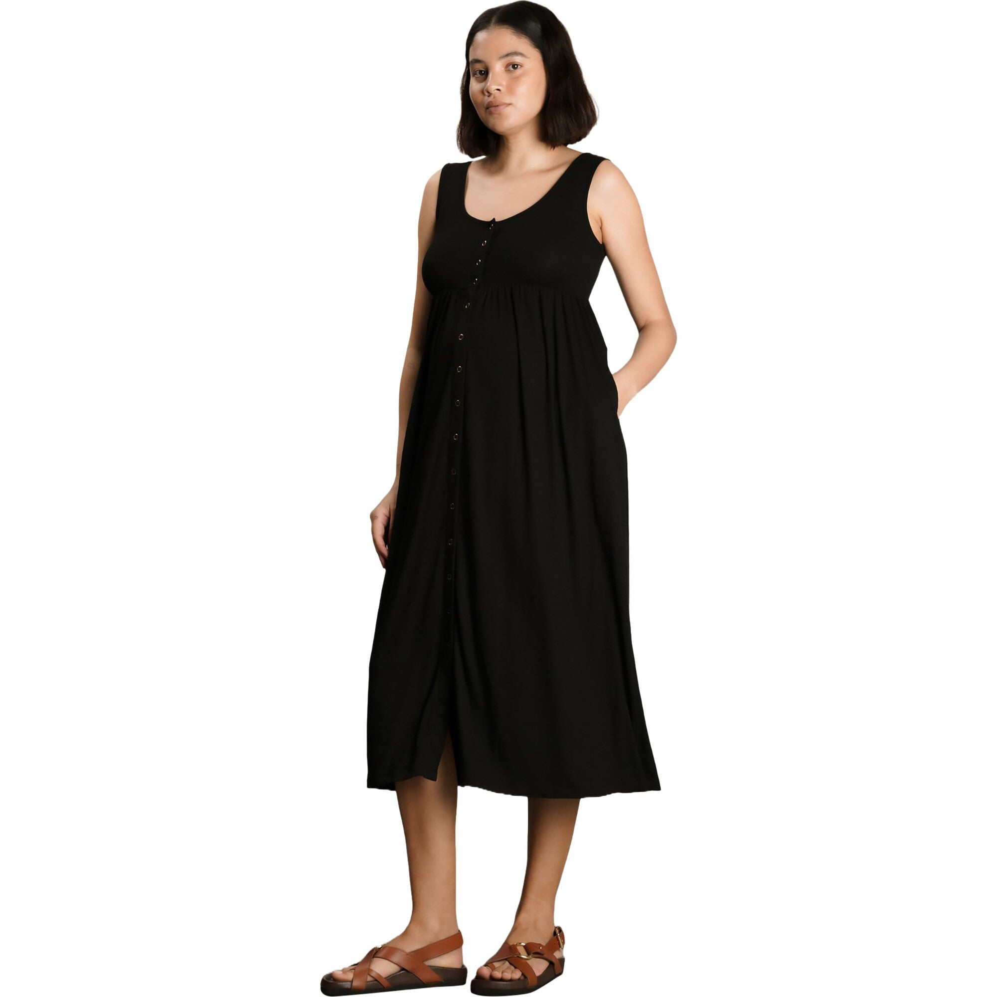 Women's Maternity Ribbed Modal Henley Dress, Black