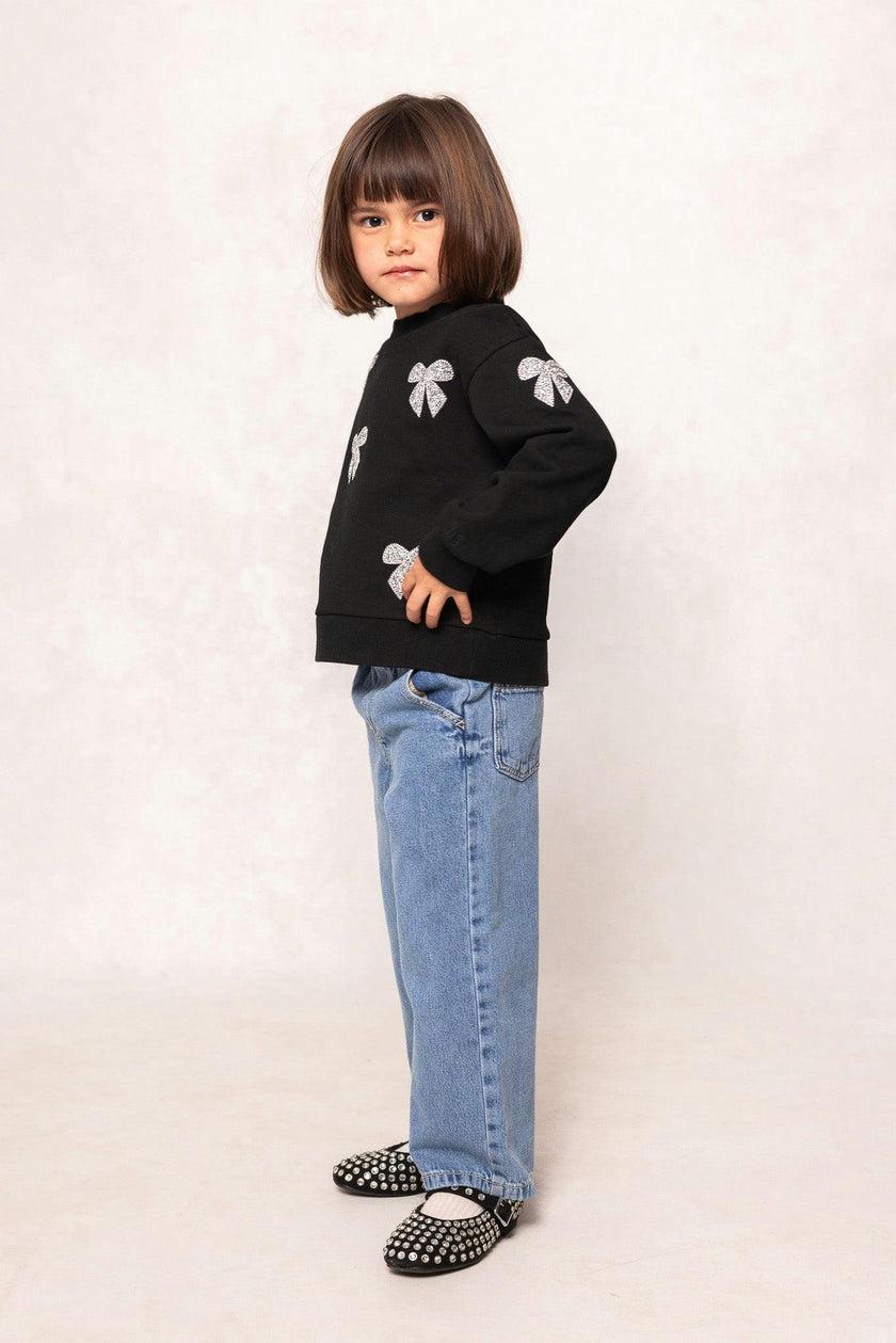 Mini Micah Crew Neck Sweatshirt in Black & Bows