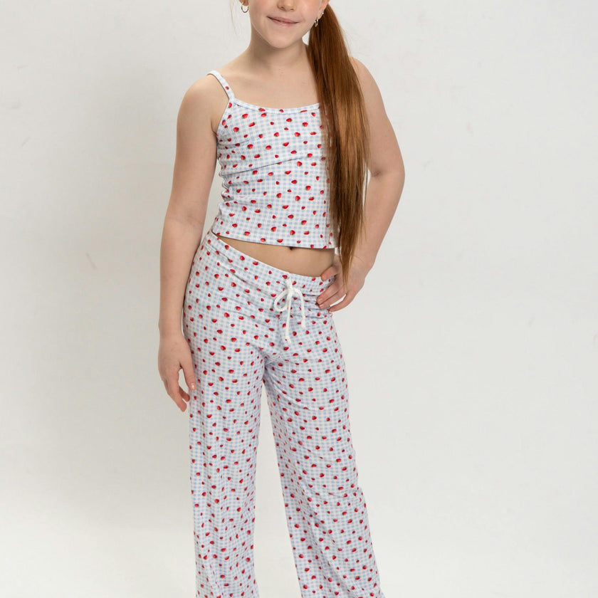 Girls Strawberry Print Short Sleeve Top and Pants Set