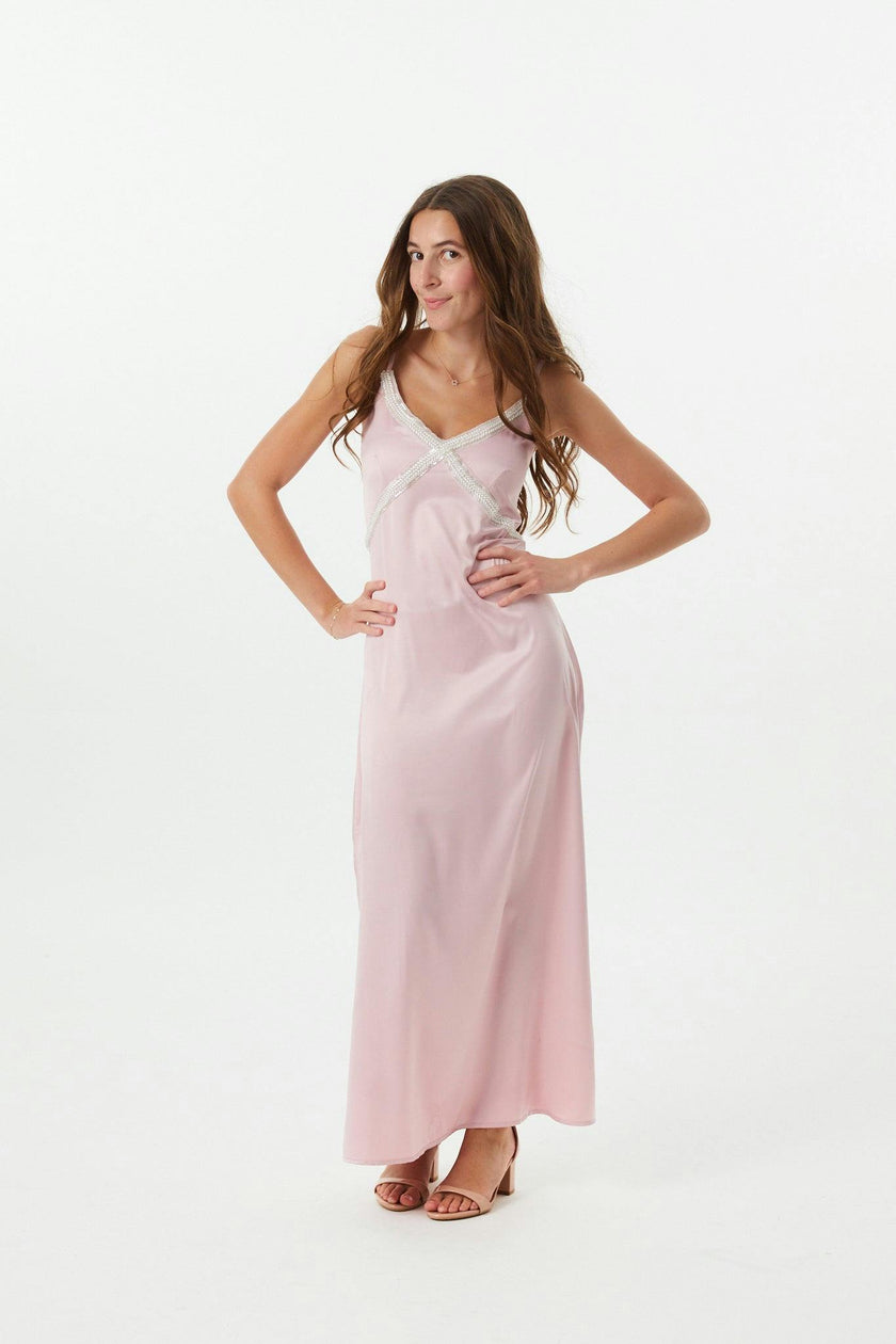 Miller Mauve Satin Maxi Dress With Lace Trim