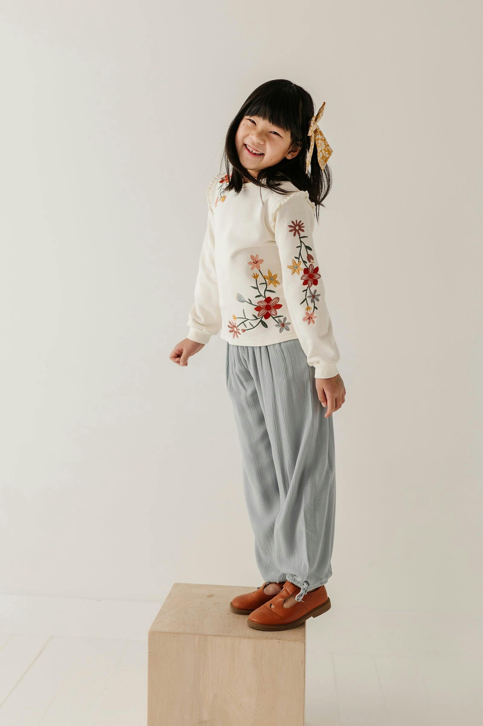 Girls Raw Edge Sweatshirt in Addison Embroidery Floral