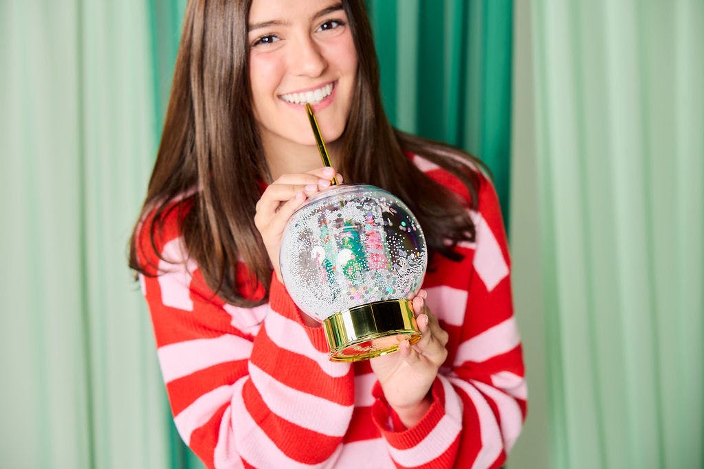 Packed Party Patented Snow Globe Holiday Sipper - 12 oz BPA-Free Shakeable Winter Wonderland Confetti Cup with Printed Christmas Scene and Gold Straw
