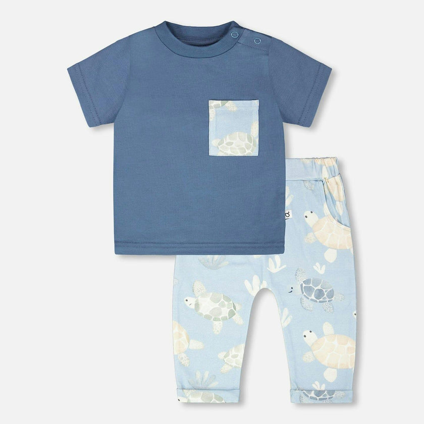 Organic Cotton Jersey T-Shirt And Pants Set Medium Blue And Blue Turtle Print