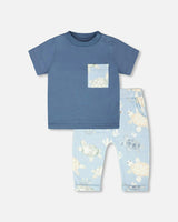 Organic Cotton Jersey T-Shirt And Pants Set Medium Blue And Blue Turtle Print