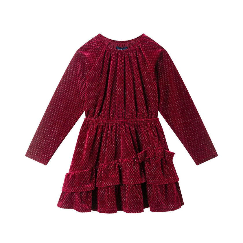 Kids Red Velvet Asymmetrical Tiered Dress