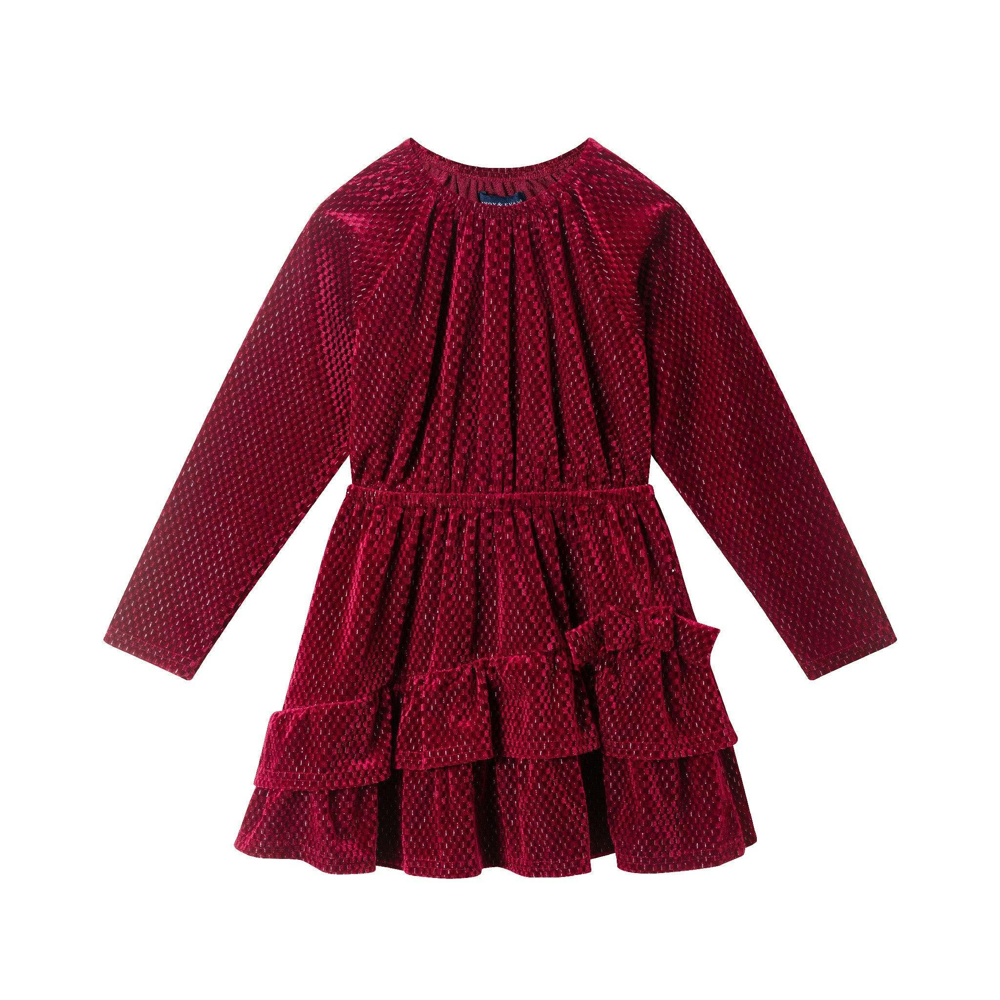 Kids Red Velvet Asymmetrical Tiered Dress