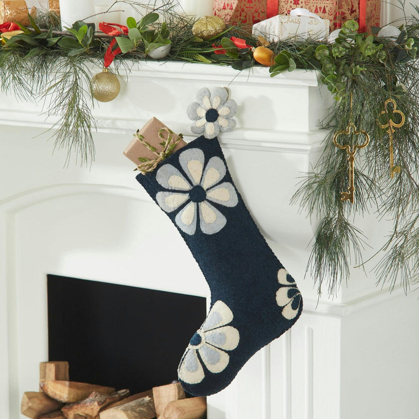 Hand Felted Wool Christmas Stocking - Flower Power Blue