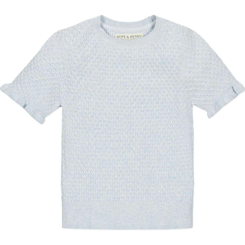 Organic Short Sleeve Ruffle Edge Sweater Knit Top, Blue
