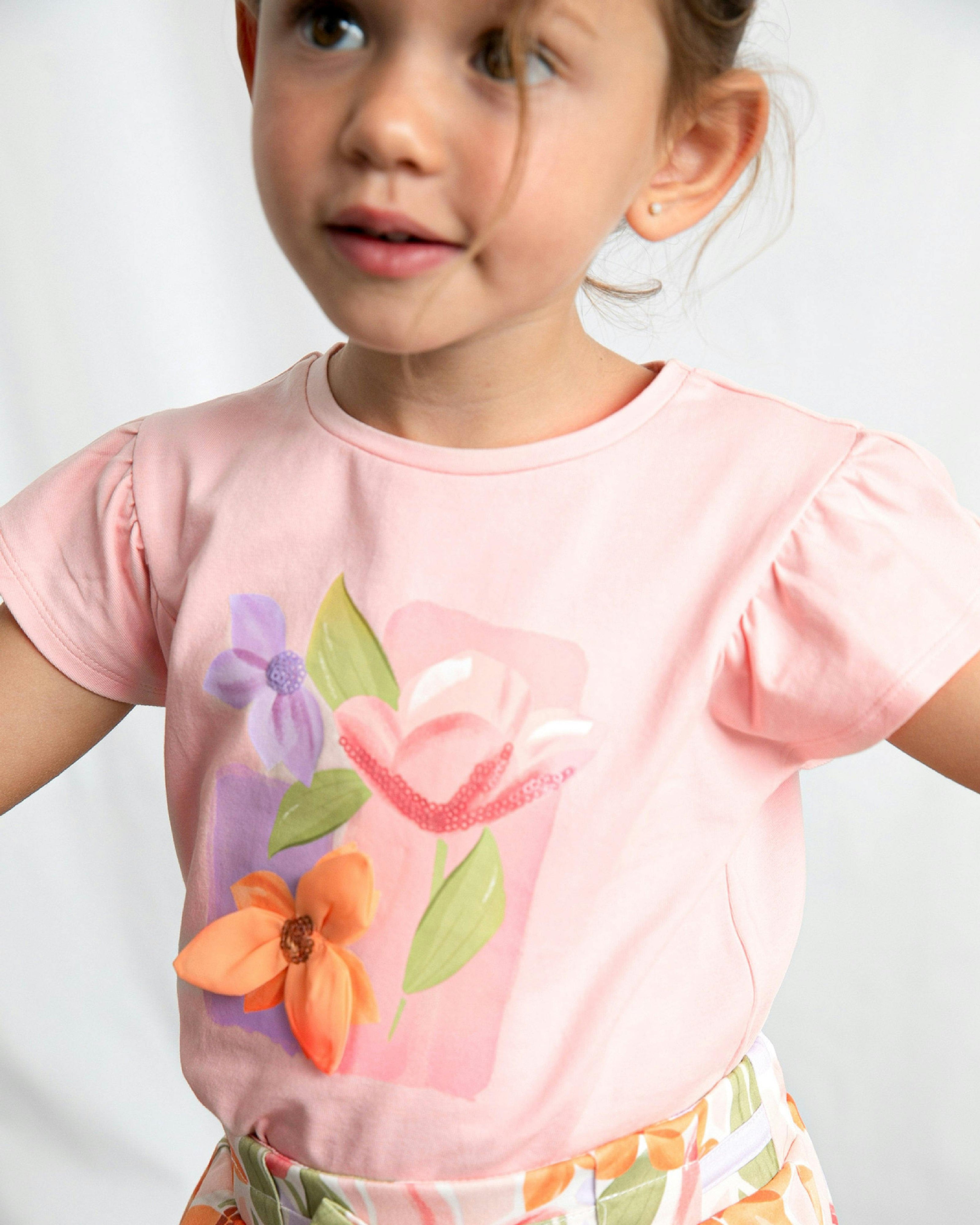 Pink T-Shirt With Ruffled Sleeves