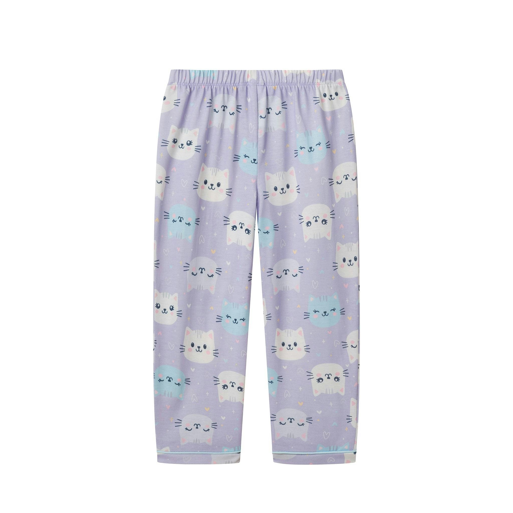 Girls Buttondown Pajama Set | Kitty Cats - Purple