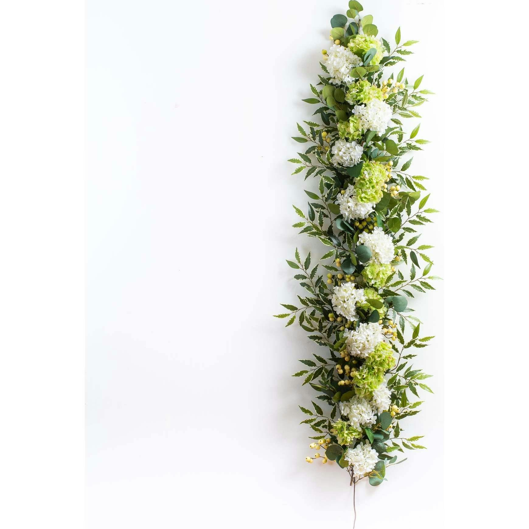 White & Green Hydrangea with Cream Berry Artificial All Seasons Greenery Mantle Garland and Table Runner