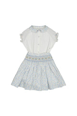 Marie Floral Blue Skirt & Short Sleeve Blouse