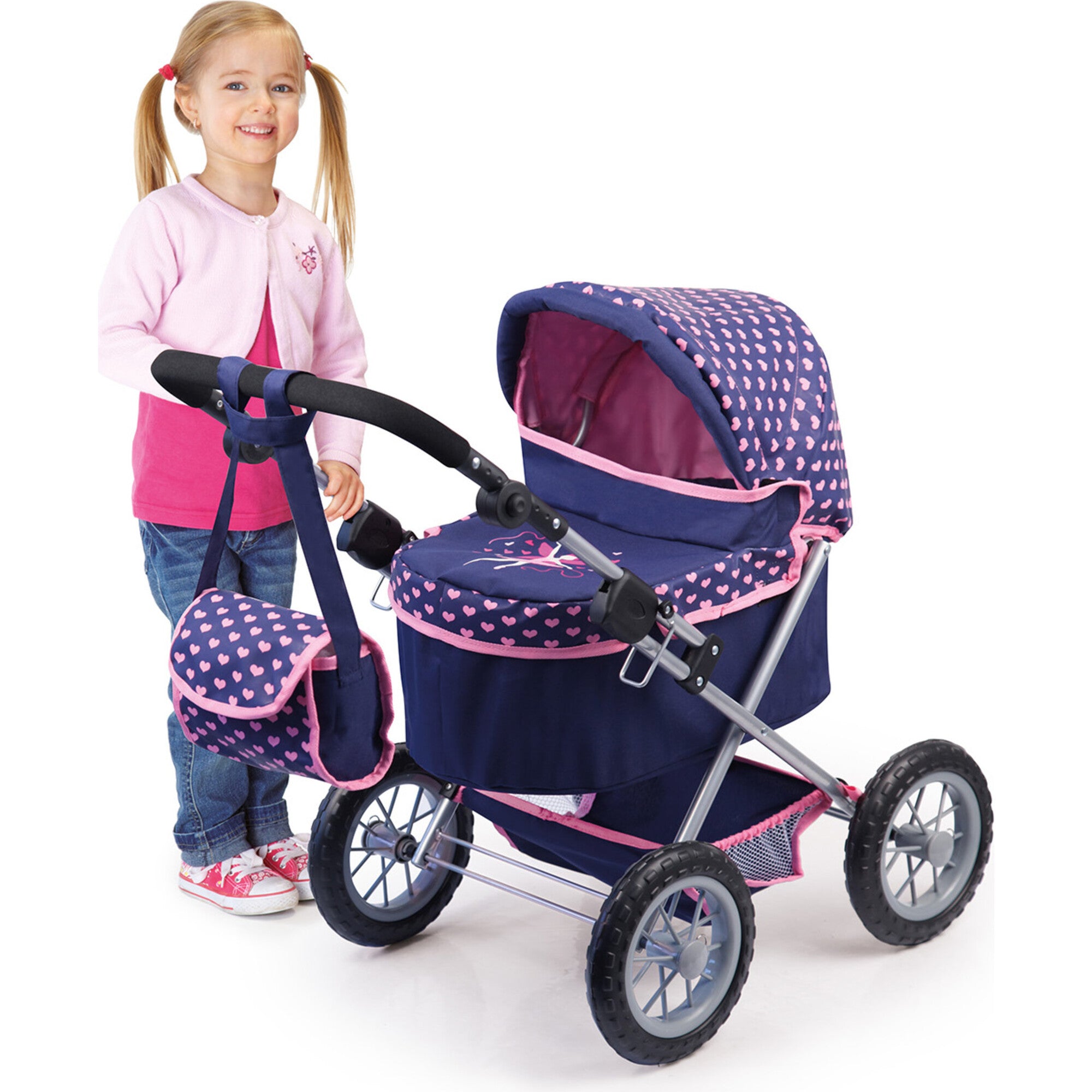 Trendy Pram Stroller for Toy Baby Dolls in Navy/Pink