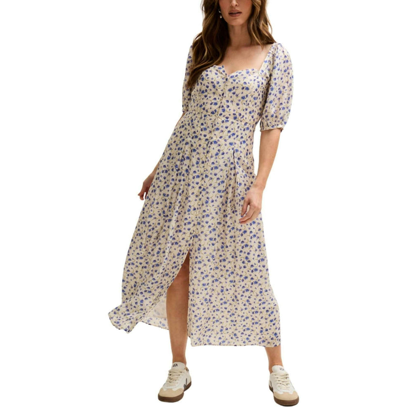 April Button Front Floral Print Midi Dress