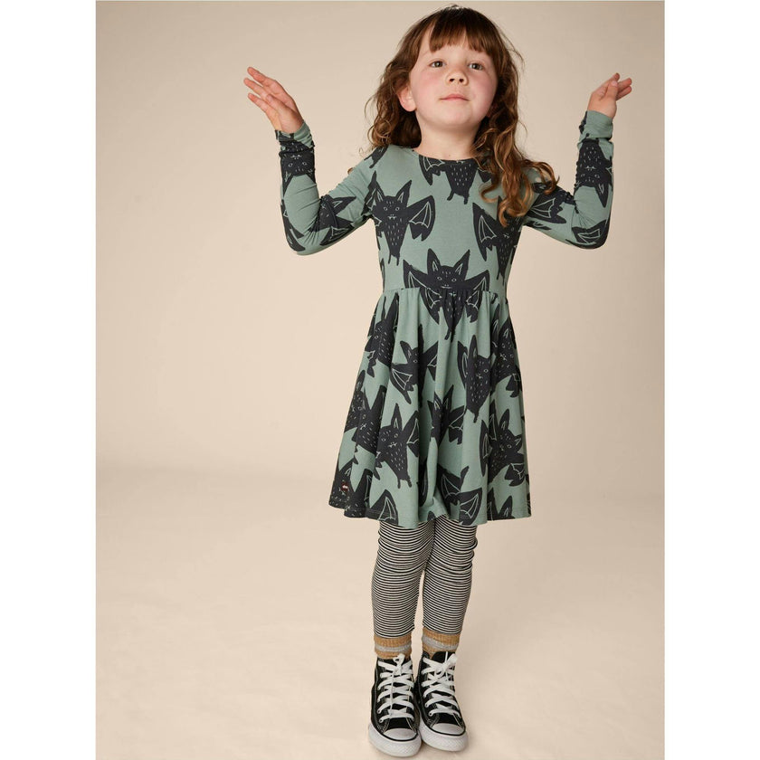 Bats Print Boat Neck Long Sleeve Ballet Skirt Dress, Multi