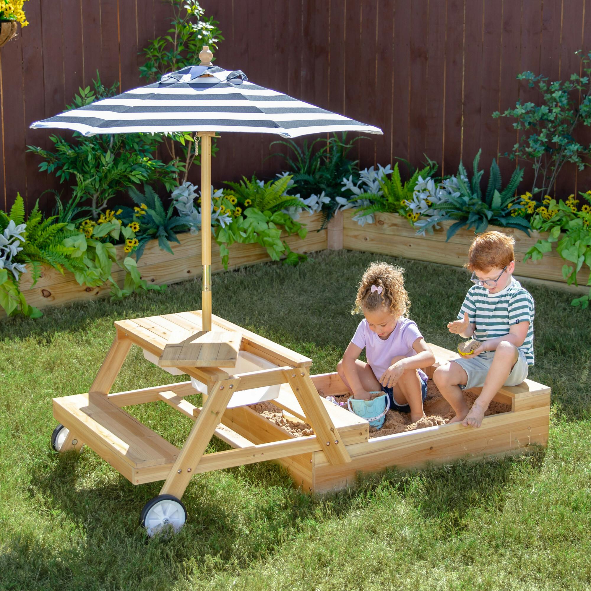Teamson Kids Sorrento Wooden 2-in-1 Picnic Table with Sandbox & Umbrella