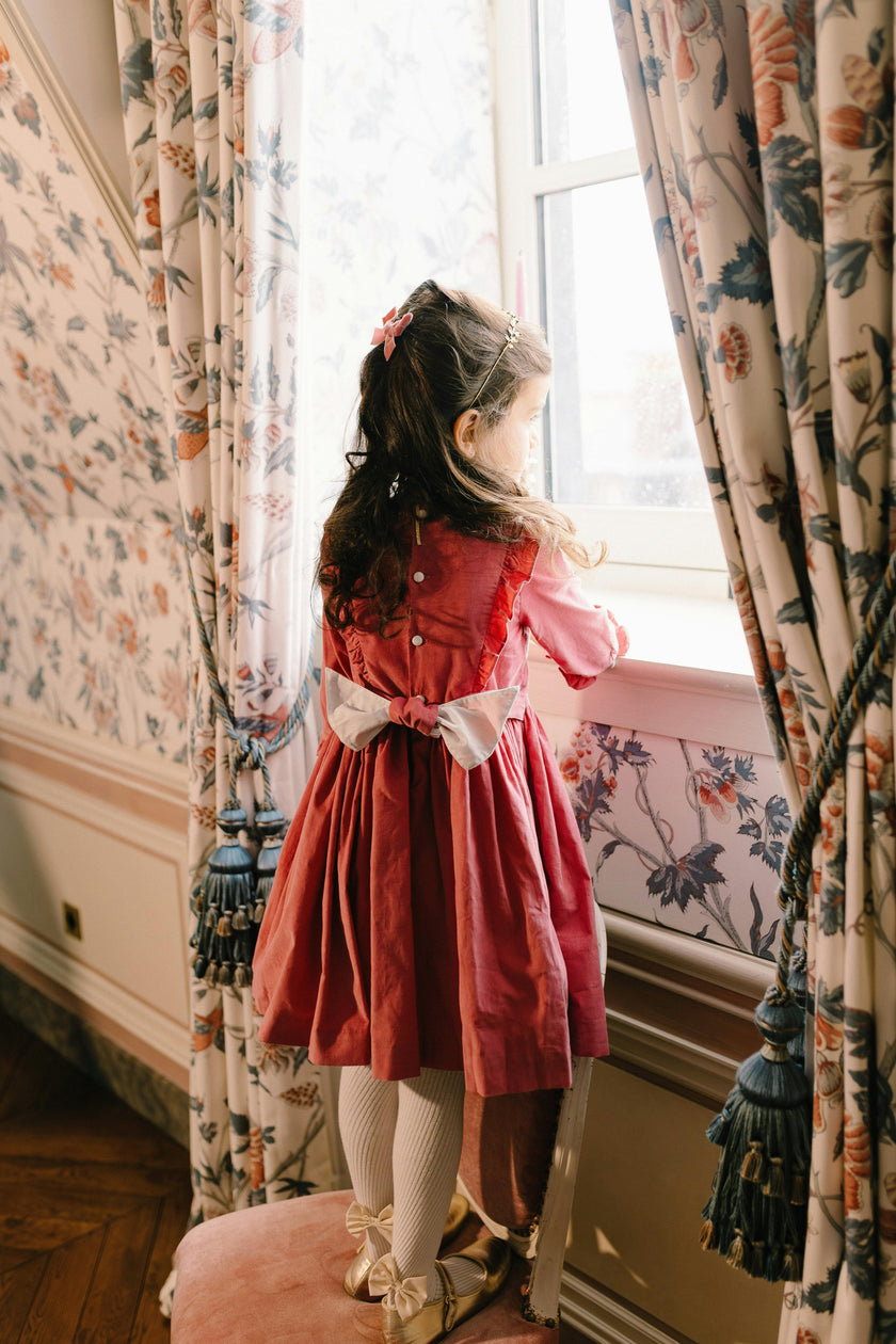 Angele Pink Corduroy Long Sleeve Smocked Dress