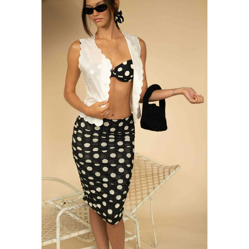 Polka Dot Mesh Ruched Midi Skirt