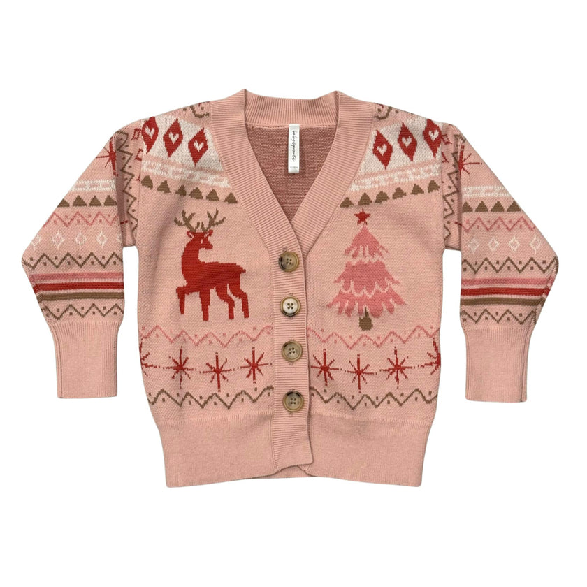 Girls Long Sleeve Jacquard Christmas Knit Sweater in Reindeer