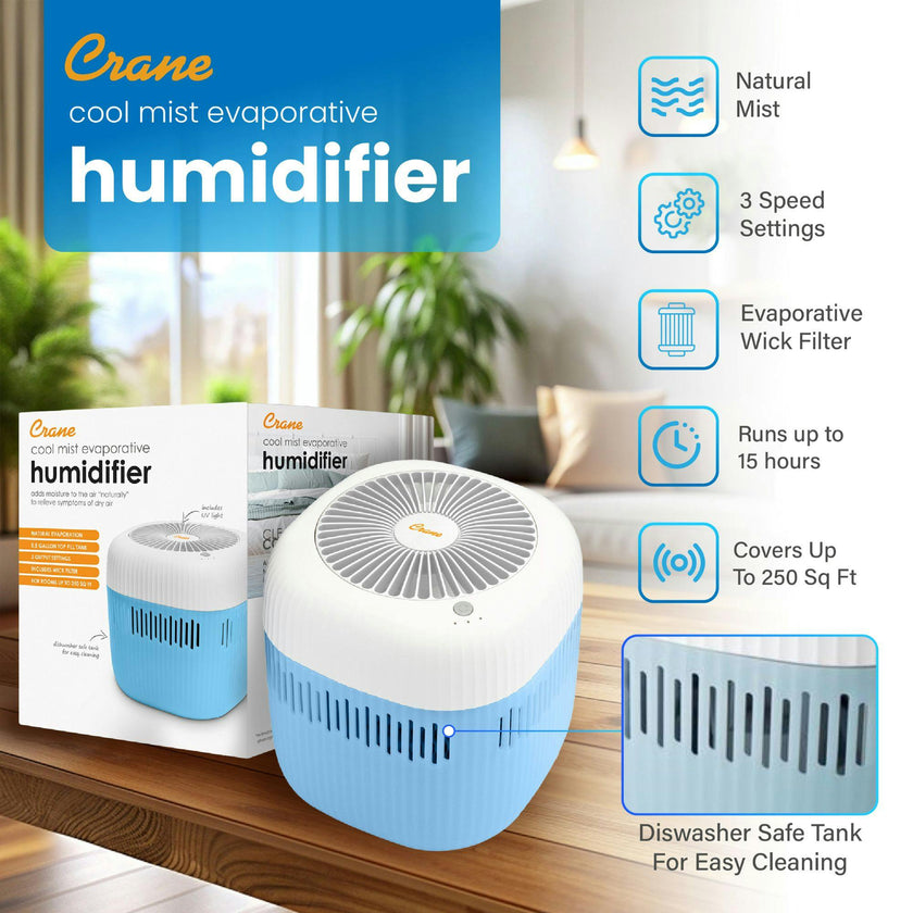 Evaporative  Humidifier, Cool Mist 0.5 Gal Top Fill, UV Light, Wick Filter