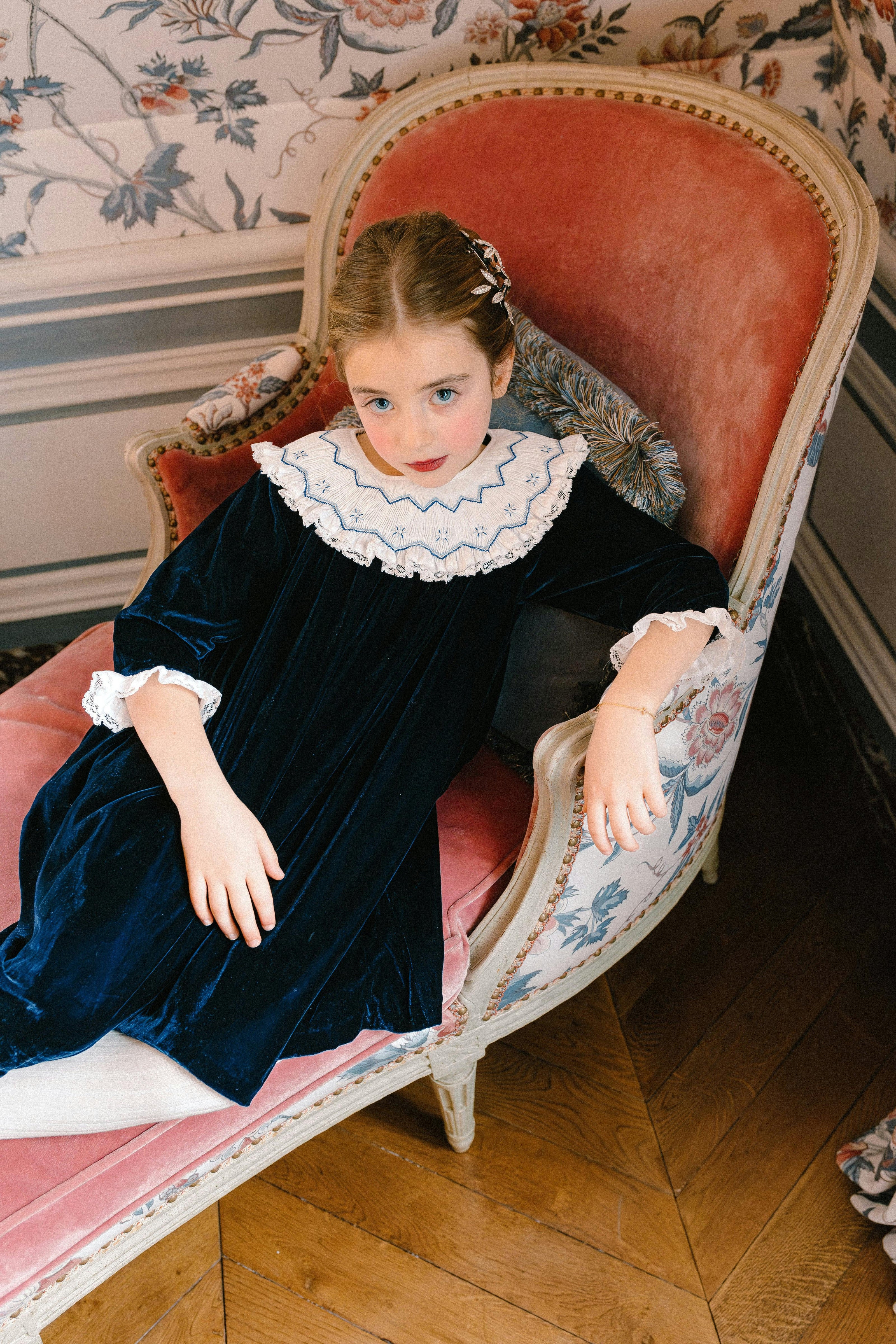 Celeste Navy Velvet Long Sleeve Bishop Dress