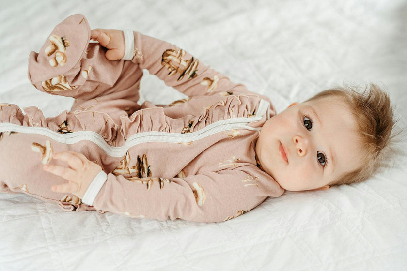 Mushroom Organic Cotton Ruffle Footed Romper