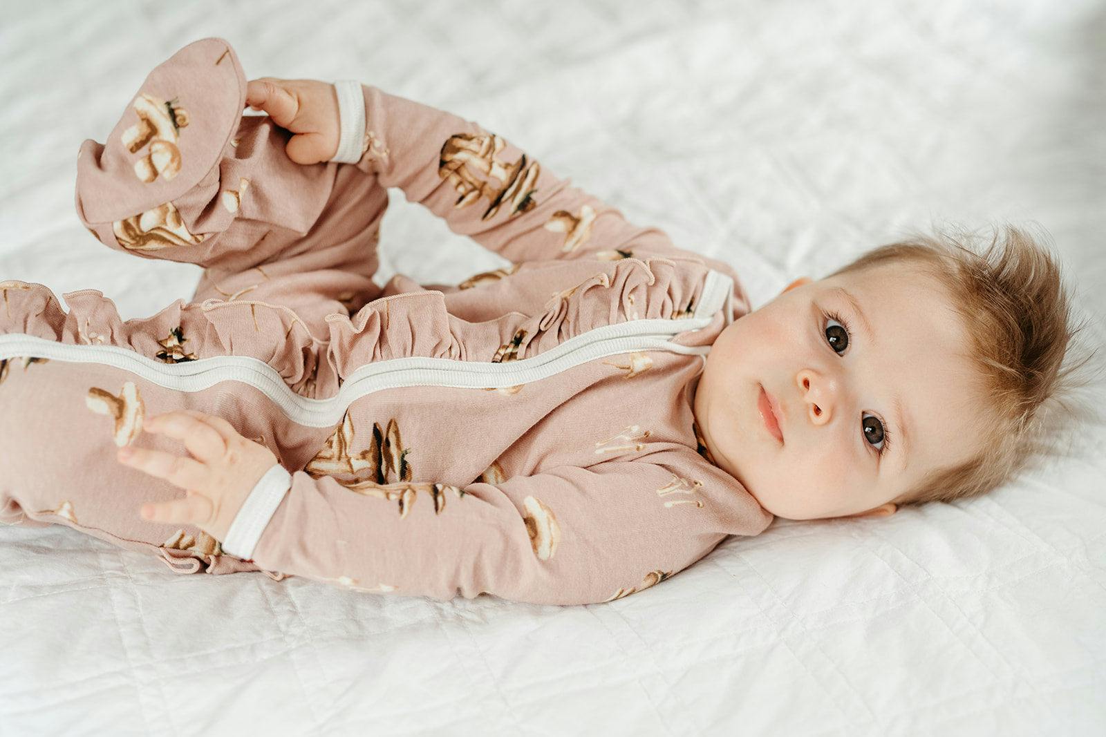 Mushroom Organic Cotton Ruffle Footed Romper