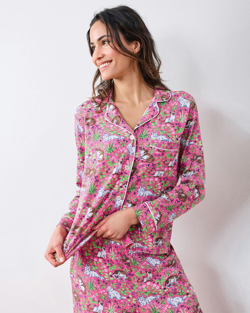 Must Love Cats - Organic Pima Modal Knit Long PJ Set - Pink Camellia