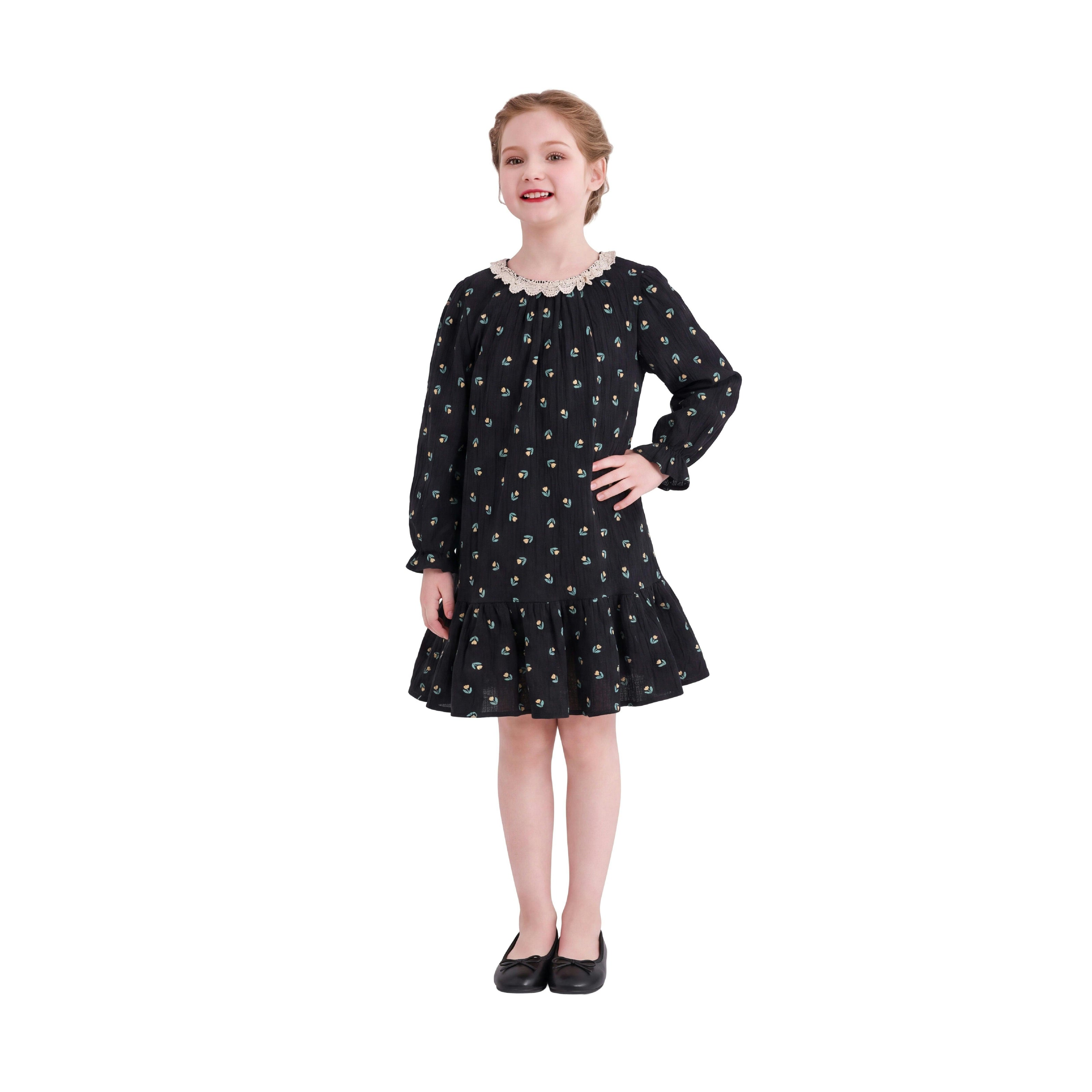 Dark Floral Lace-Collar Dress