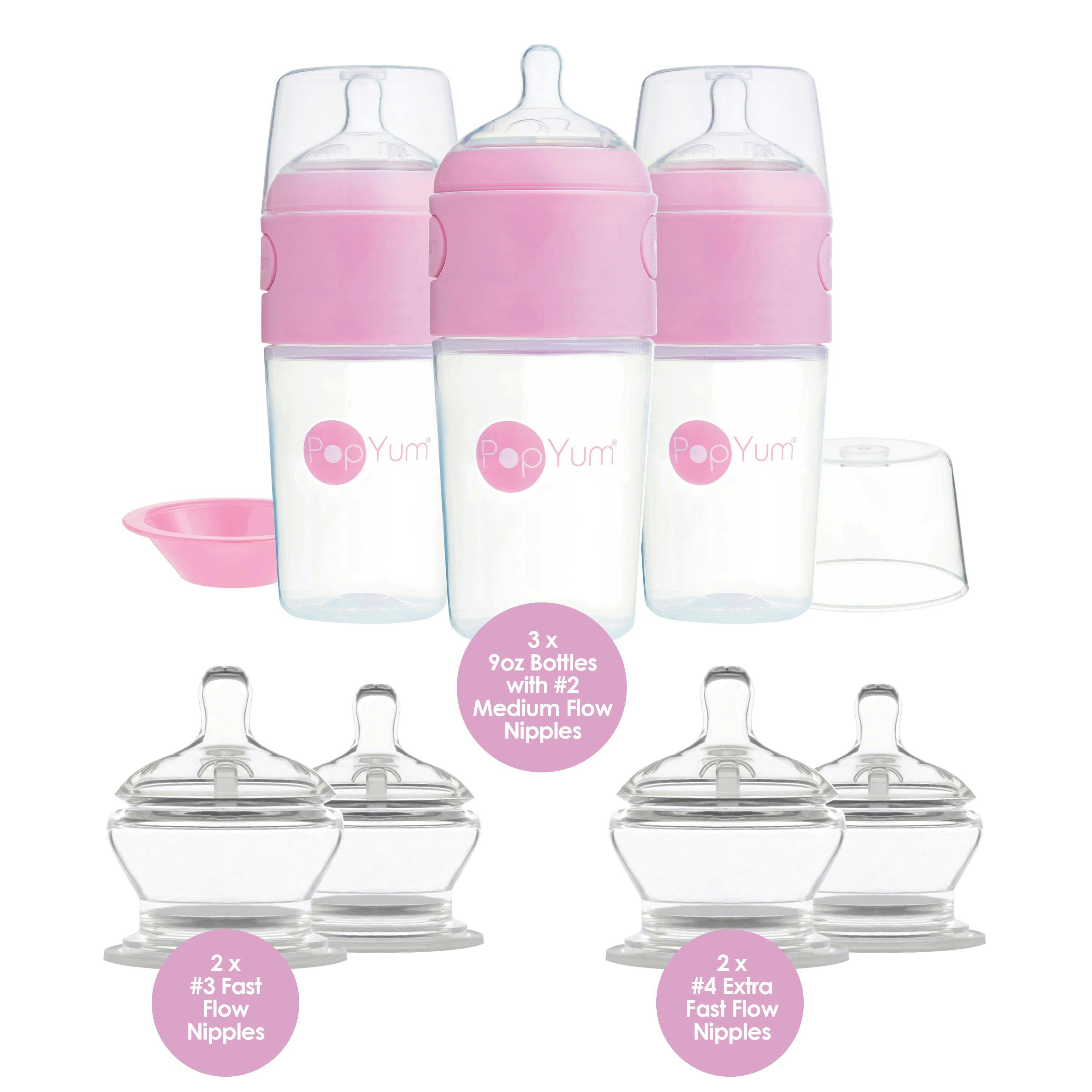 PopYum Pink 7 Piece Bundle: 9oz Bottle 3-Pack + 2 Nipple 2-Packs
