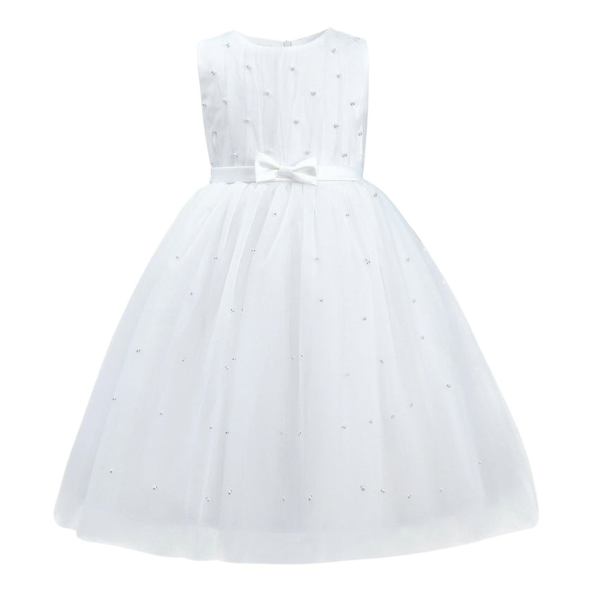 White Pearl Bow Tulle Dress