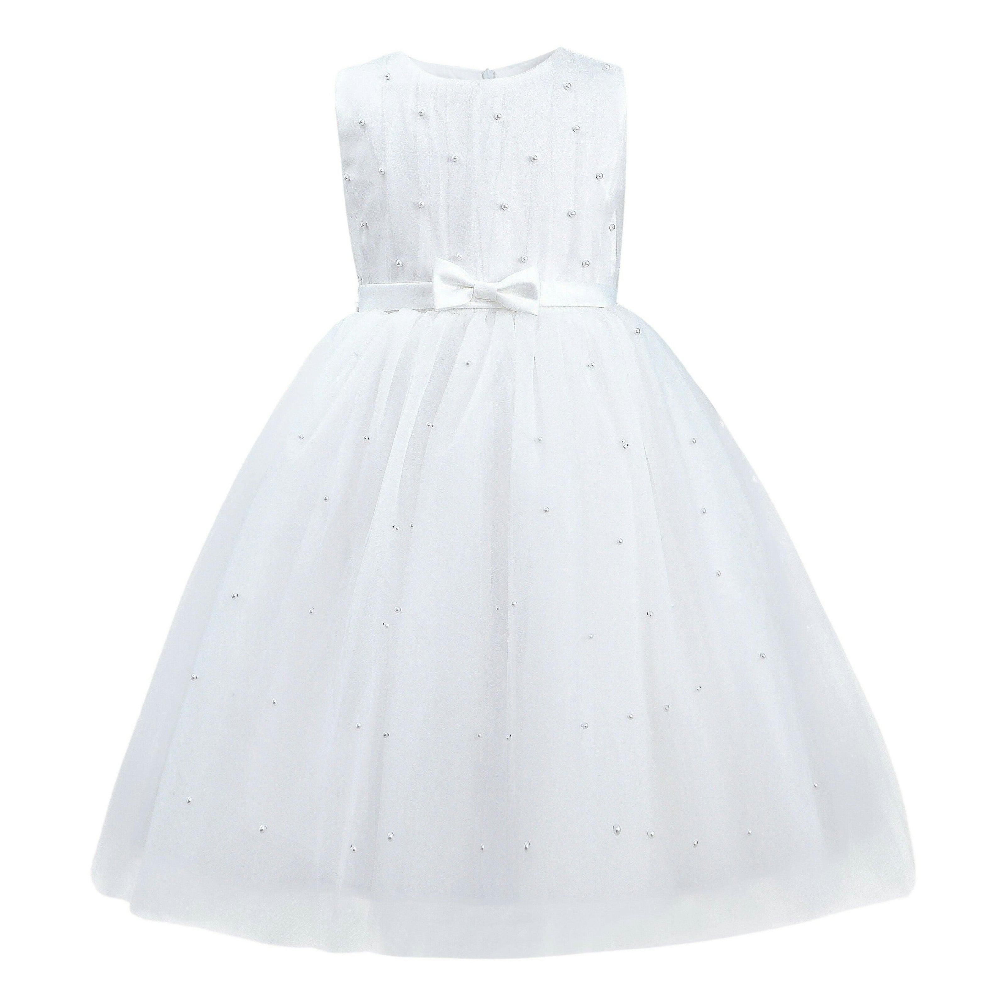 White Pearl Bow Tulle Dress