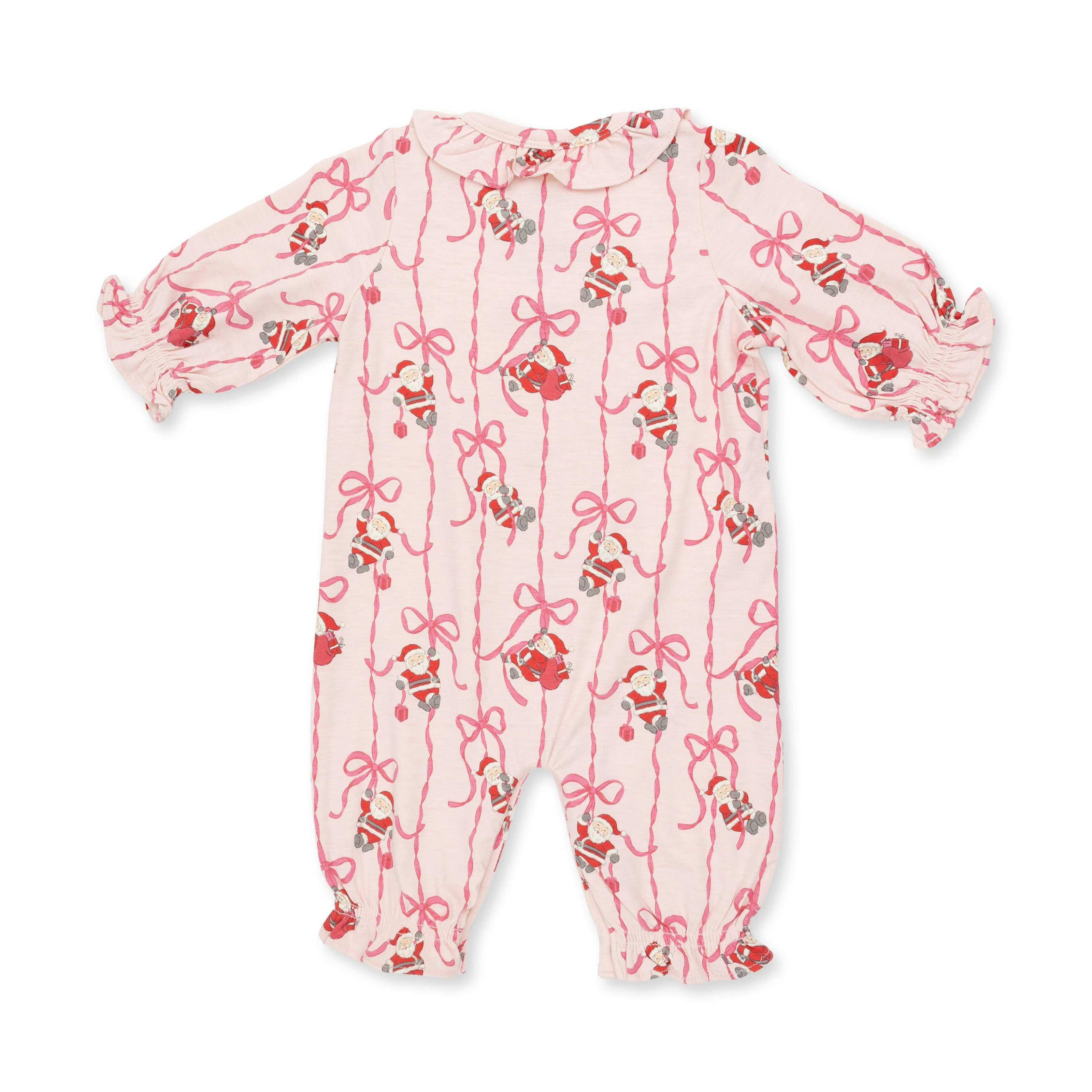 Bows & Santa - Knit Flame Resistant Long Sleeve Ruffle Collar Romper