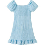 Tween Girls Textured Twist-Front Puff Sleeve Dress | Blue Twist