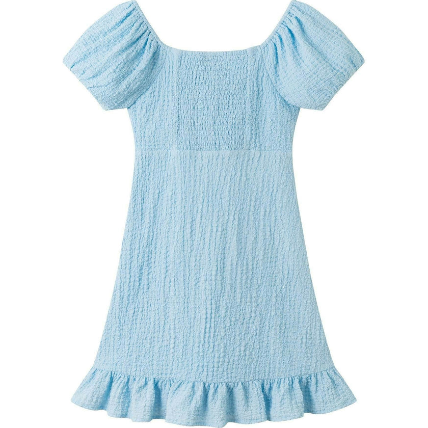 Tween Girls Textured Twist-Front Puff Sleeve Dress | Blue Twist