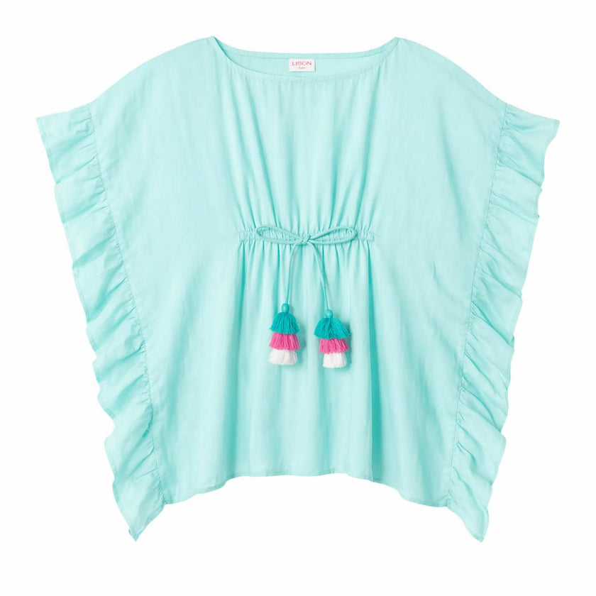 Girl's kaftan with pompoms, aqua | LEA